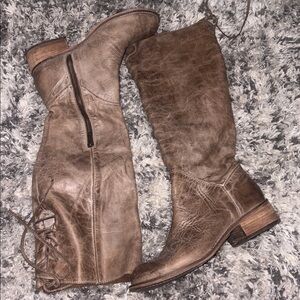 Corral “greige” knee high distressed leather lace up back boots- size 8m
